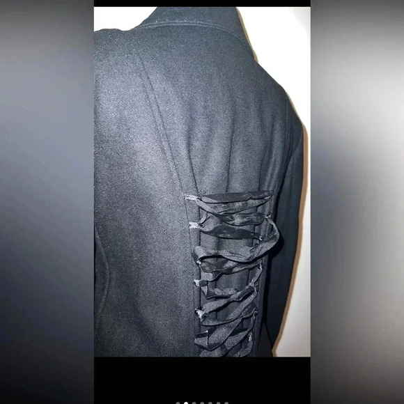 Hot Topic Goth Asymmetric Zip Wool Trench Coat Corset Lace Up Back LG - Picture 2 of 7